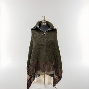 ETRO Milano Women's One Size Forrest Green 100% Wool Leather Trim Poncho Cape